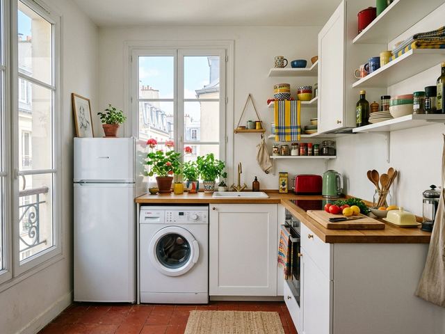 Cuisine lumineuse avec réfrigérateur et lave-linge Beko
