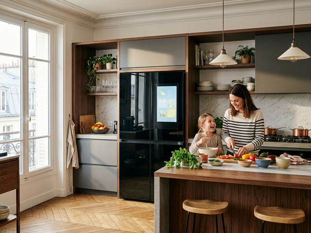 Réfrigérateur connecté 4 portes Samsung dans une cuisine familiale parisienne