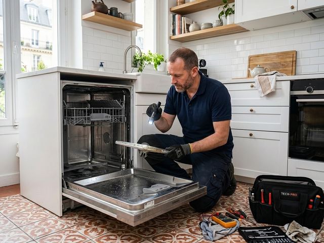 Technicien Electrocase inspectant le bras de lavage d'un lave-vaisselle encastré