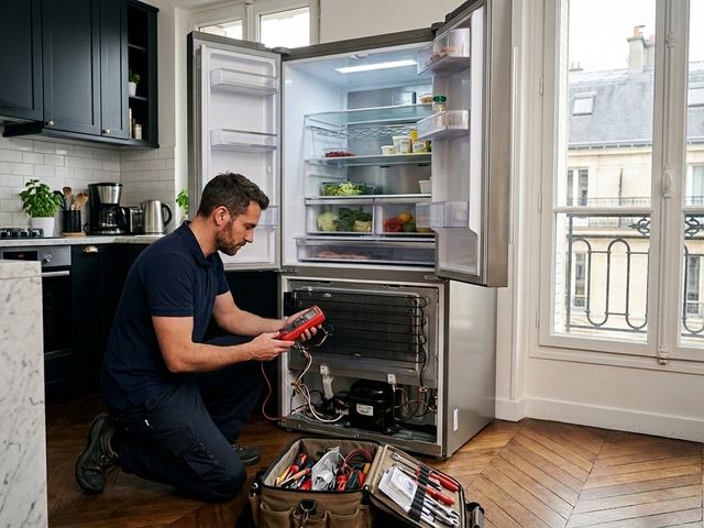 Technicien Electrocase réparant un réfrigérateur inox à domicile à Paris