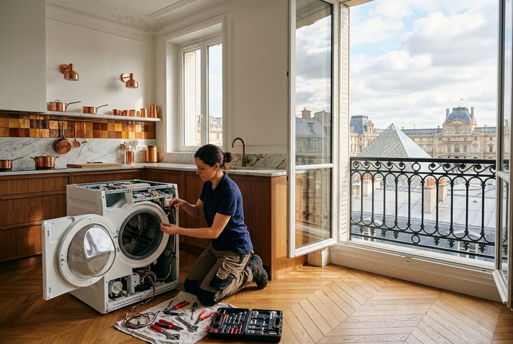 Technicien Electrocase réparant un appareil électroménager à Paris 1er, près de Louvre