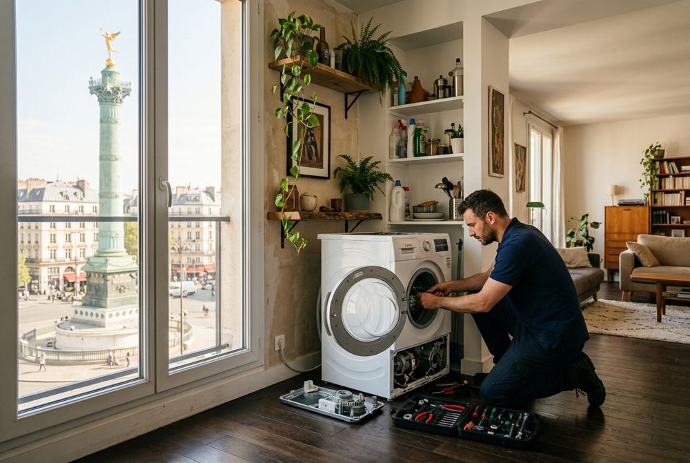 Technicien Electrocase réparant un appareil électroménager à Paris 11ᵉ, près de Place de la Bastille