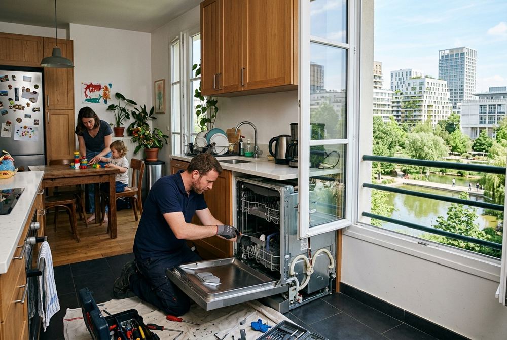 Technicien Electrocase réparant un appareil électroménager à Paris 17ᵉ, près de Parc Monceau