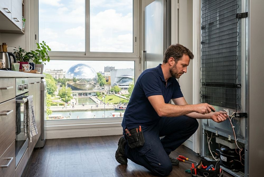 Technicien Electrocase réparant un appareil électroménager à Paris 19ᵉ, près de Parc de la Villette