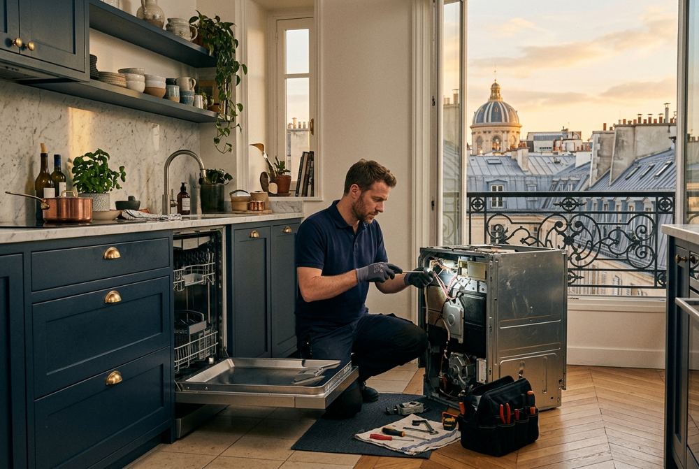 Technicien Electrocase réparant un appareil électroménager à Paris 2ᵉ, près de Palais Brongniart