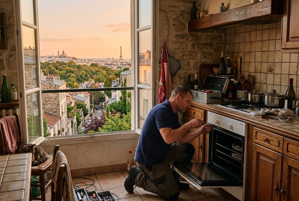 Technicien Electrocase réparant un appareil électroménager à Paris 20ᵉ, près de Père-Lachaise