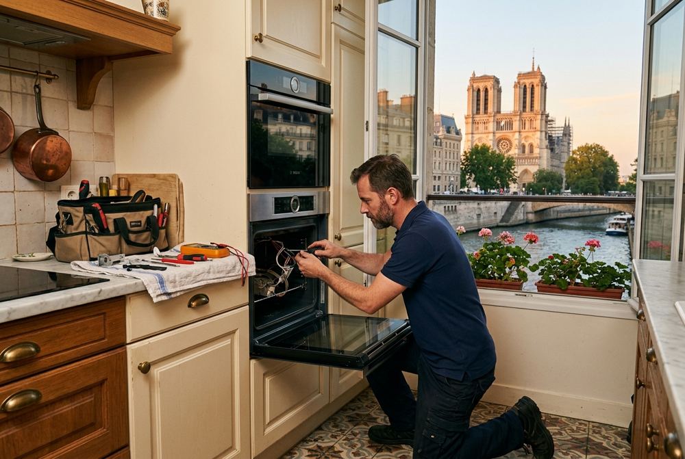 Technicien Electrocase réparant un appareil électroménager à Paris 4ᵉ, près de Notre-Dame