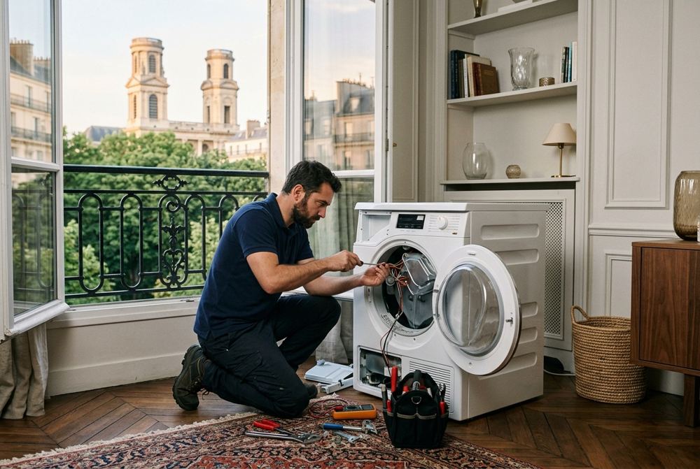 Technicien Electrocase réparant un appareil électroménager à Paris 6ᵉ, près de Jardin du Luxembourg