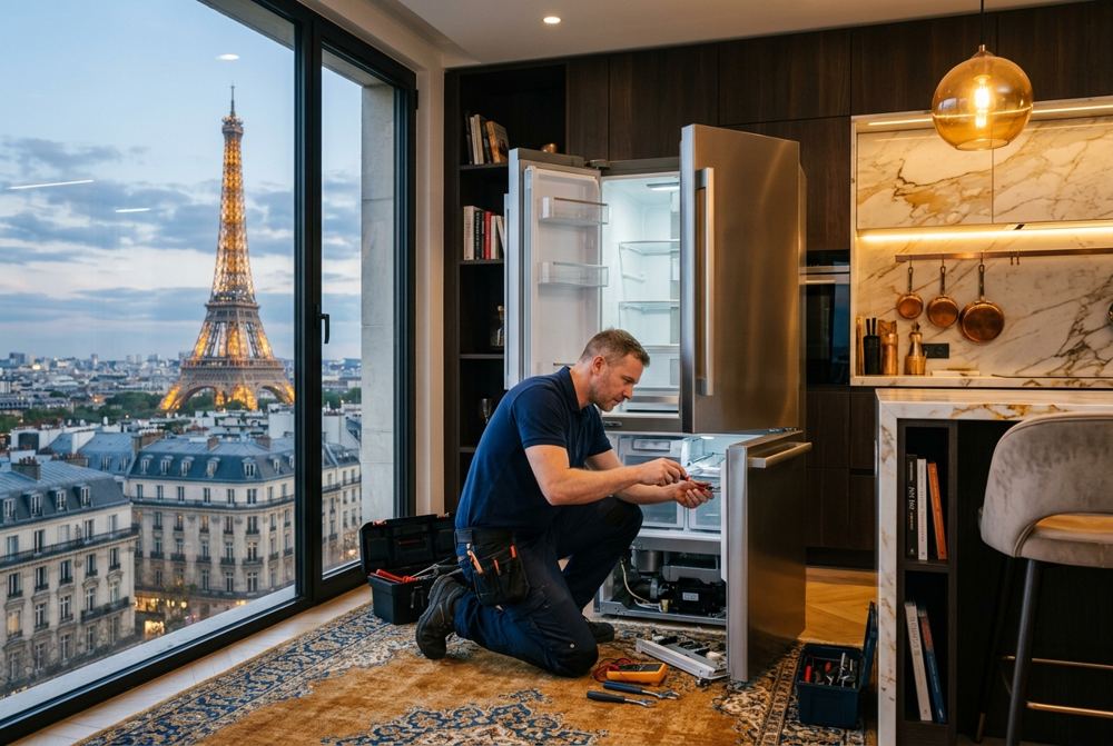 Technicien Electrocase réparant un appareil électroménager à Paris 7ᵉ, près de Tour Eiffel